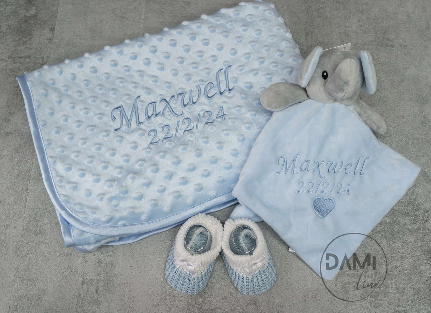 Personalised blue baby blanket, elephant comforter and blue knitted booties gift set for boy | Baby boy gift set in silver magnetic box