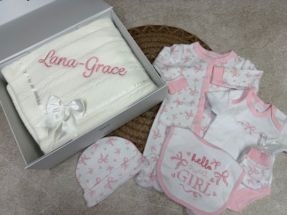 Baby Girl Gift Set – 5 Piece Bow Outfit | Personalised or Plain Blanket  | Baby girl gift set