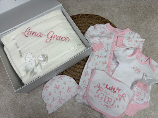 Baby Girl Gift Set – 5 Piece Bow Outfit | Personalised or Plain Blanket  | Baby girl gift set