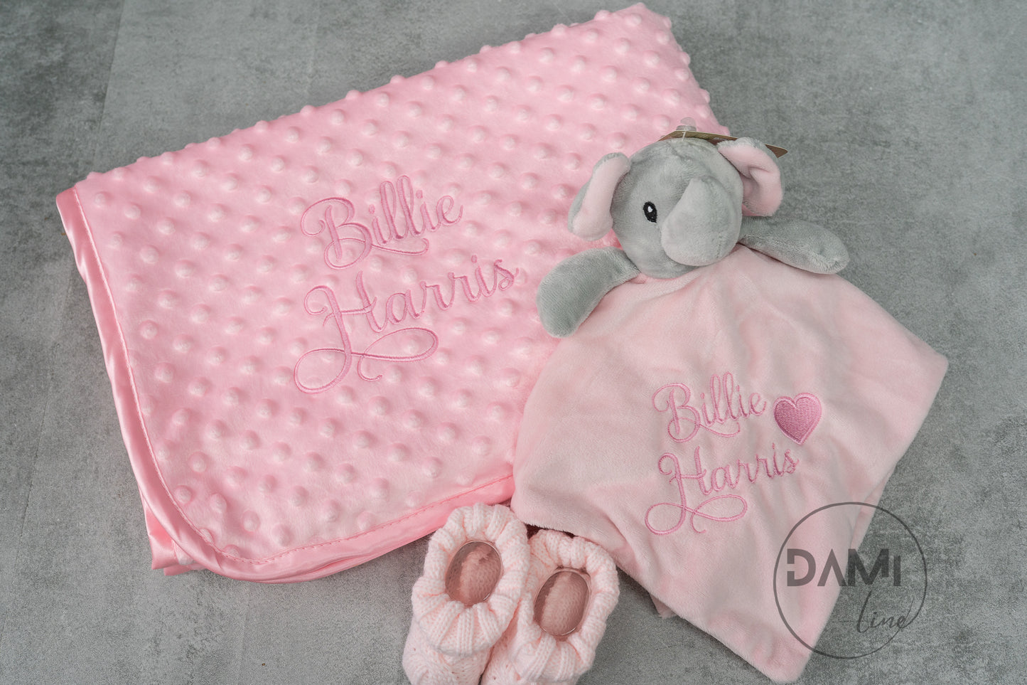 Personalised pink baby blanket, elephant comforter and pink booties gift set for baby girl | Baby gift set in box