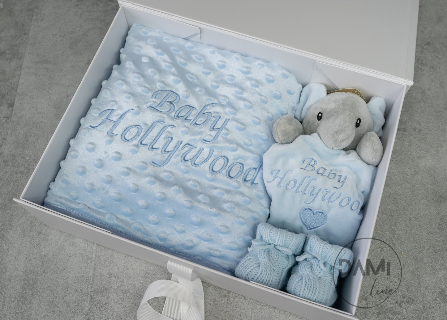 Personalised blue baby blanket, elephant comforter and blue knitted booties gift set for boy | Baby boy gift set in white magnetic box