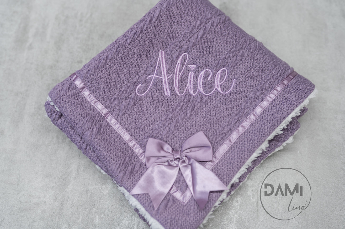 Personalised PURPLE baby knitted blanket with bow