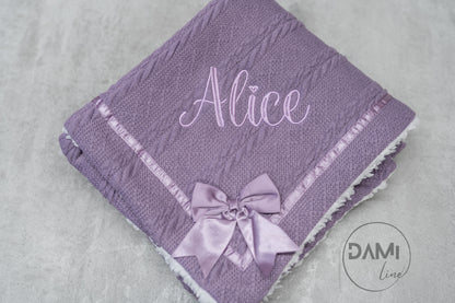Personalised baby knitted blanket with satin bow and white sherpa back
