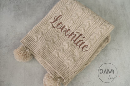 Personalised knitted baby blanket with 2 Pom-poms. Multiple colours available