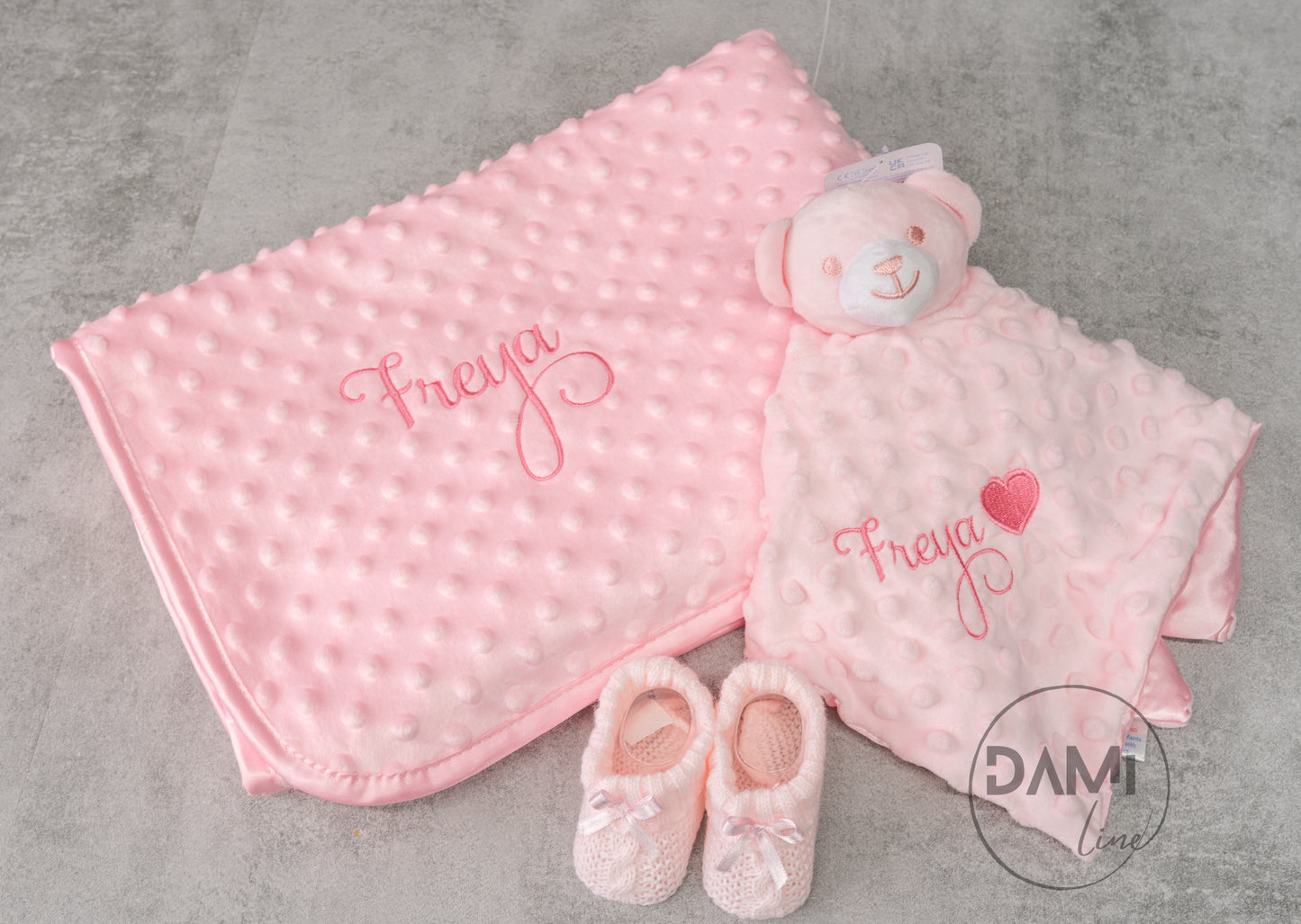 Personalised pink baby blanket, bear comforter and pink booties gift set for baby girl