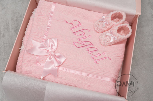 Personalised pink baby knitted blanket and pink knitted booties gift set