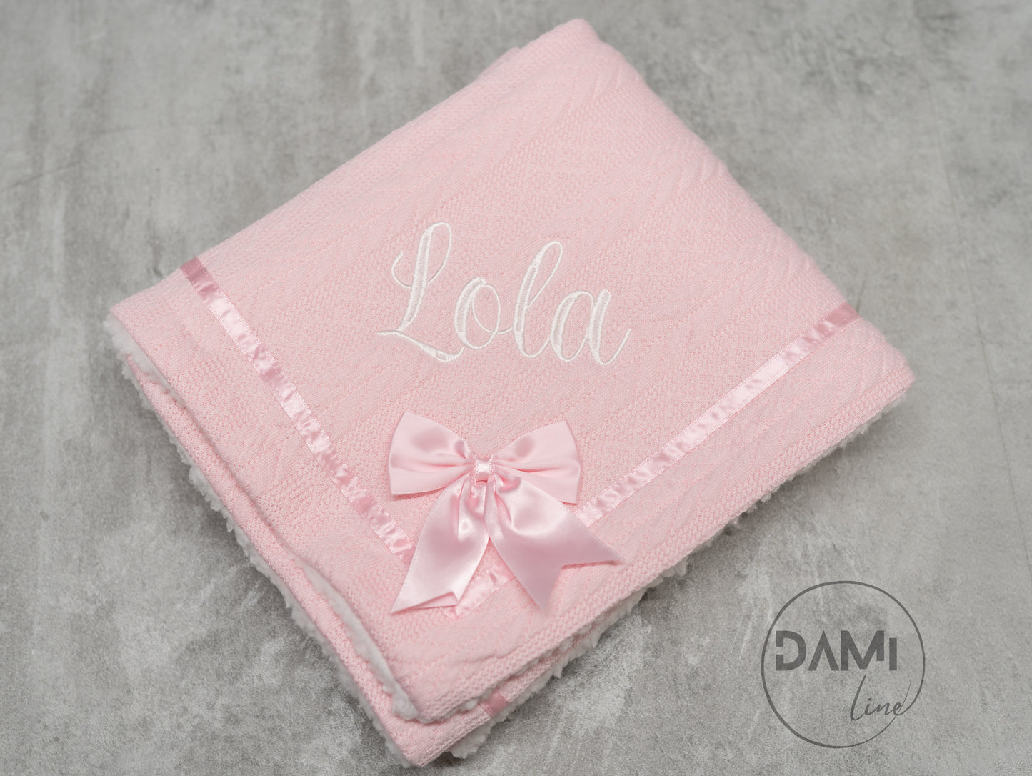 Personalised soft knitted PINK baby girl blanket with sherpa lining