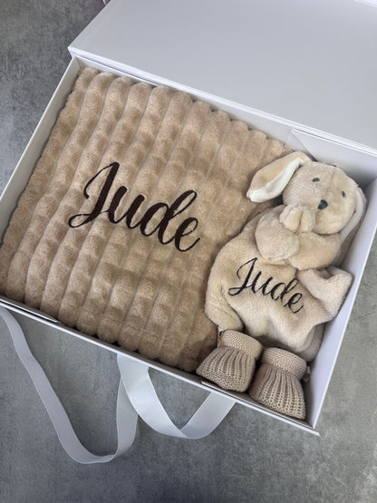 Personalised baby blanket, bunny comforter and booties gift set for baby girl or boy | Baby gift set in box