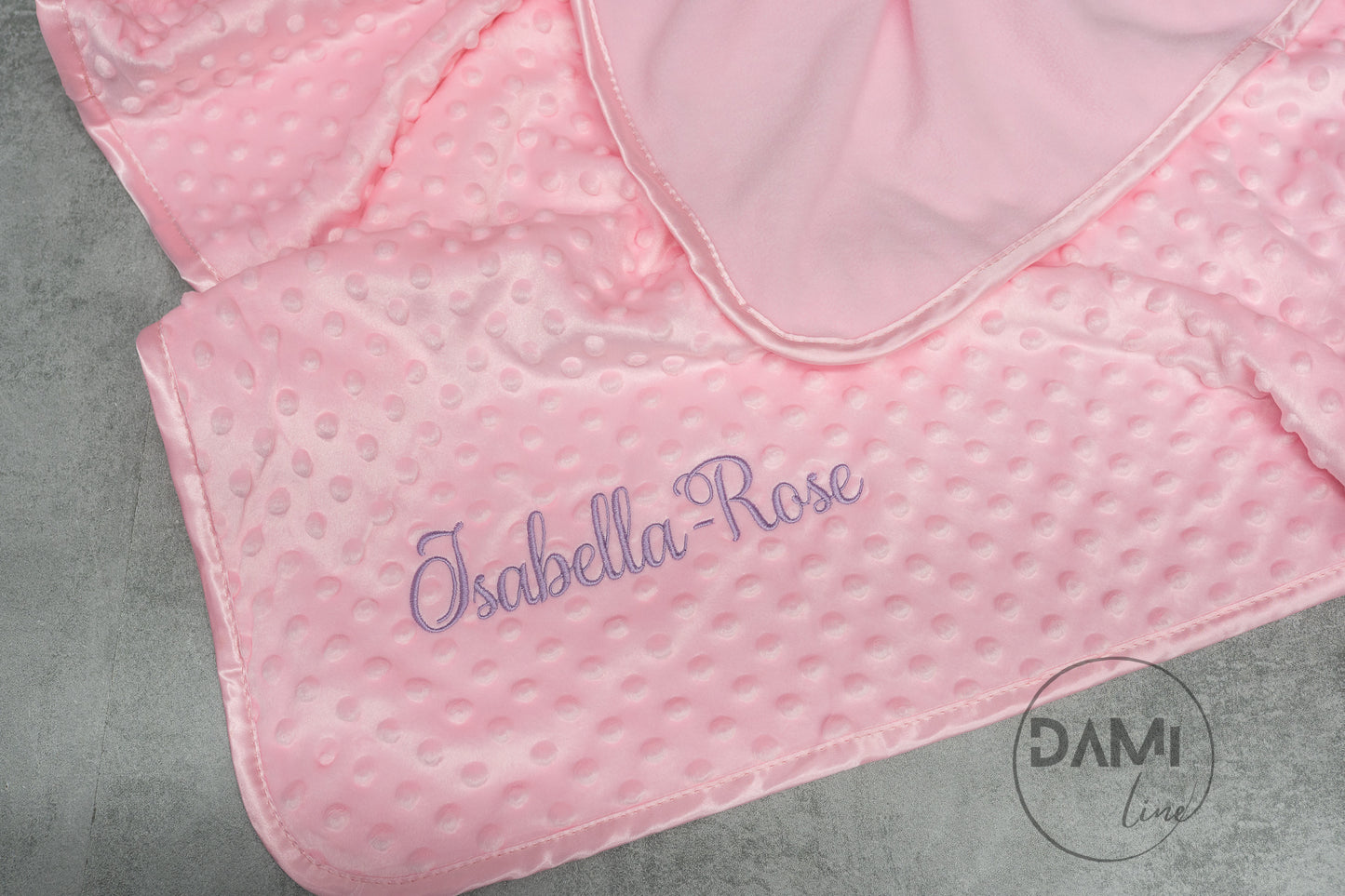 Personalised embroidered baby bubble blanket with fleece back and satin trim