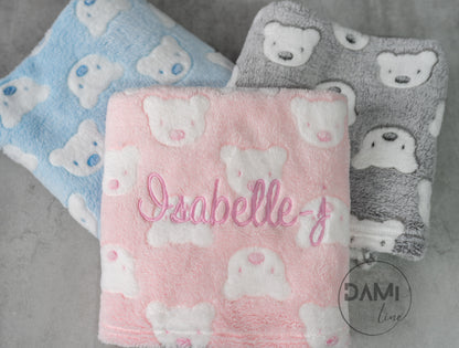 Personalised bear print baby blanket.