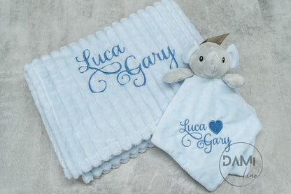 Personalised Baby Boy Gift Set – Blue Blanket, Elephant Comforter & Knitted Booties