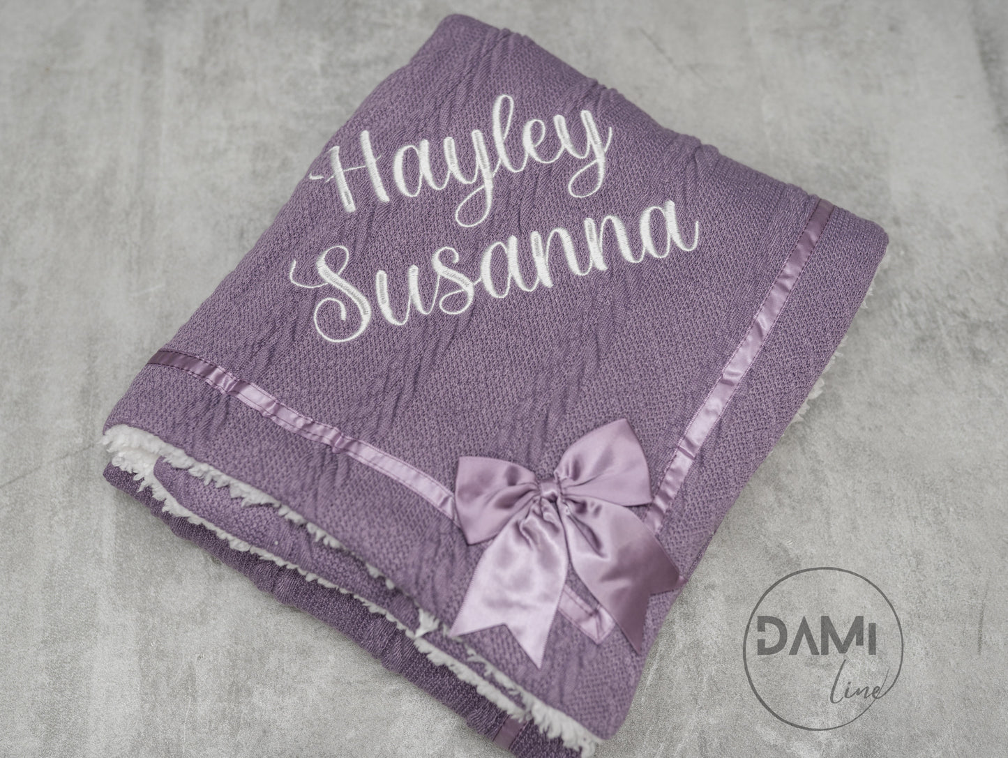 Personalised PURPLE baby knitted blanket with bow