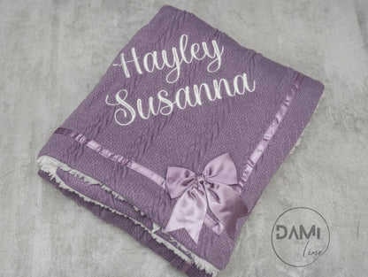 Personalised baby knitted blanket with satin bow and white sherpa back