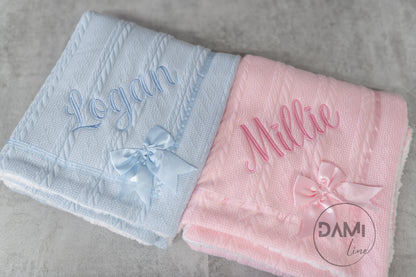 Personalised baby knitted blanket with satin bow and white sherpa back