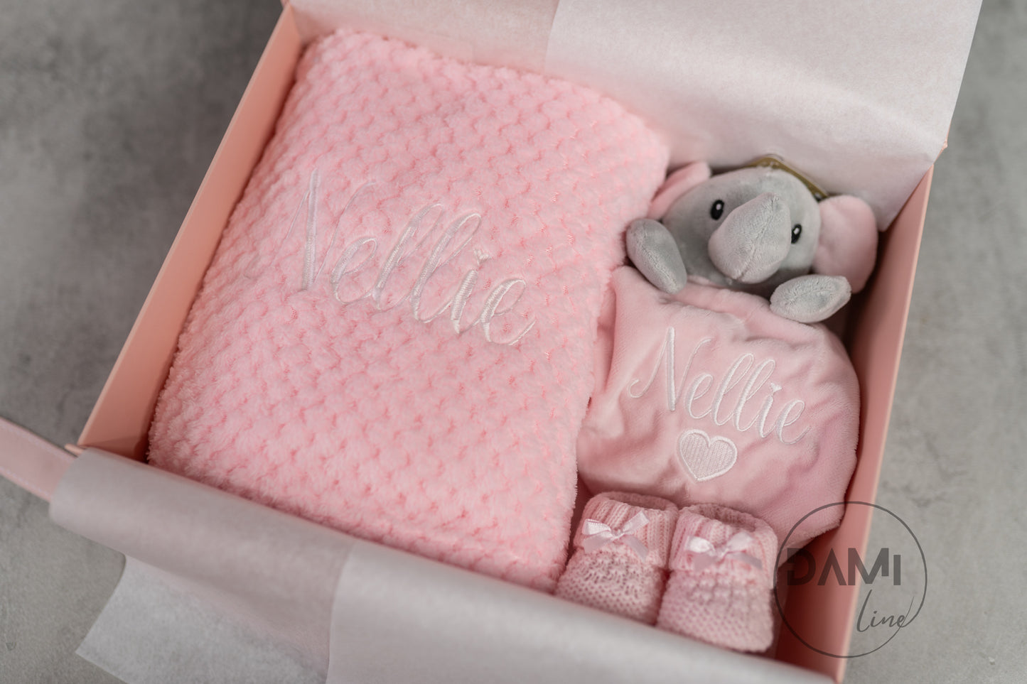 Personalised Baby Girl Gift Set – Pink Blanket, Elephant Comforter & Knitted Booties in Magnetic Gift Box