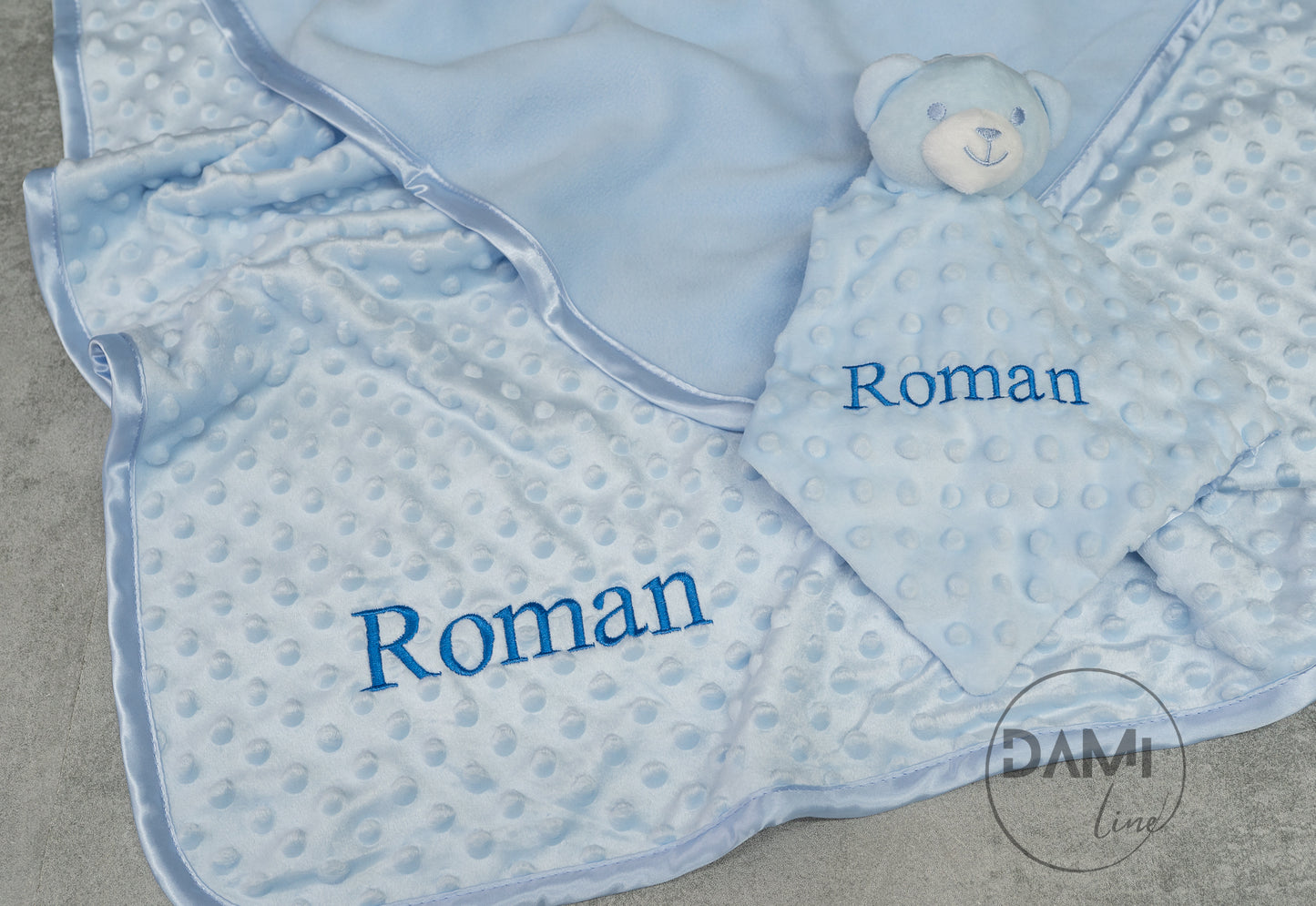 Personalised blue baby blanket, bear comforter and blue knitted booties gift set for boy | Baby boy gift set in magnetic box