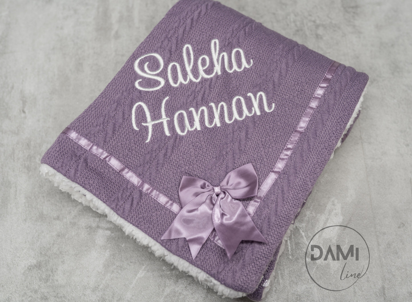 Personalised PURPLE baby knitted blanket with bow