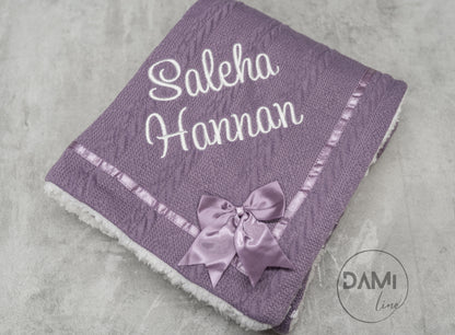 Personalised baby knitted blanket with satin bow and white sherpa back