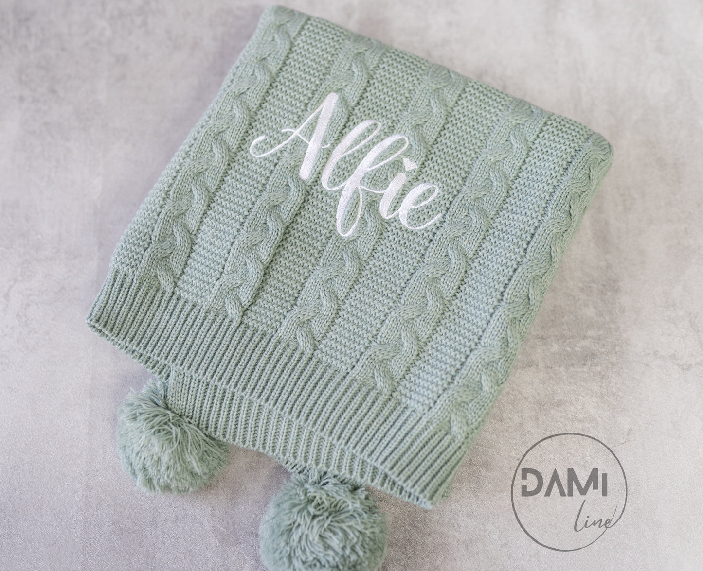 Personalised knitted baby blanket with 2 Pom-poms