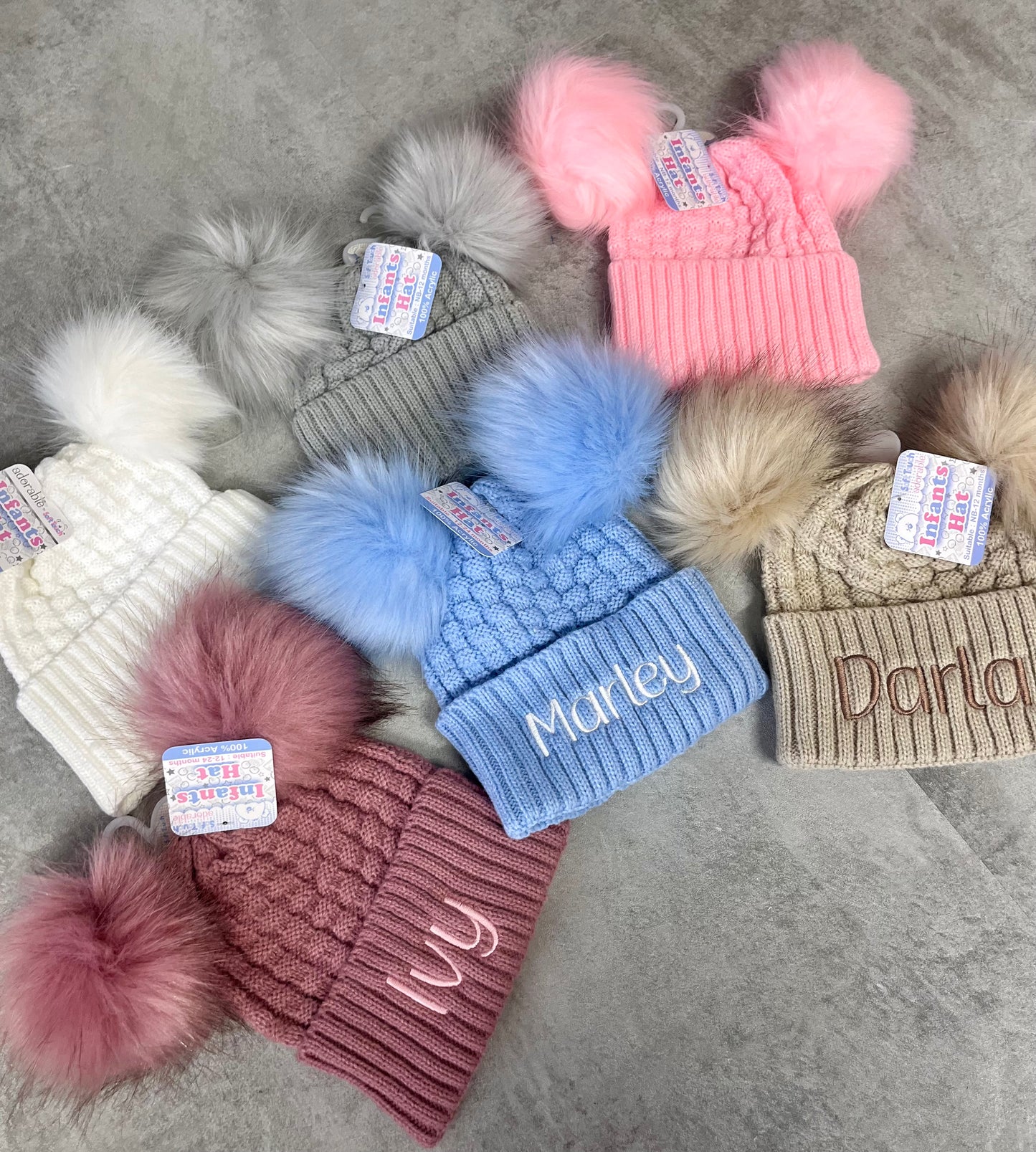 Personalised Checked/Striped Hat with Pom Poms
