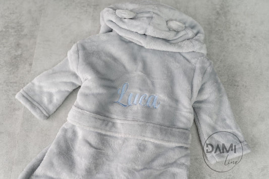 Personalised hooded baby bath robe, baby dressing gown-embroidery on back