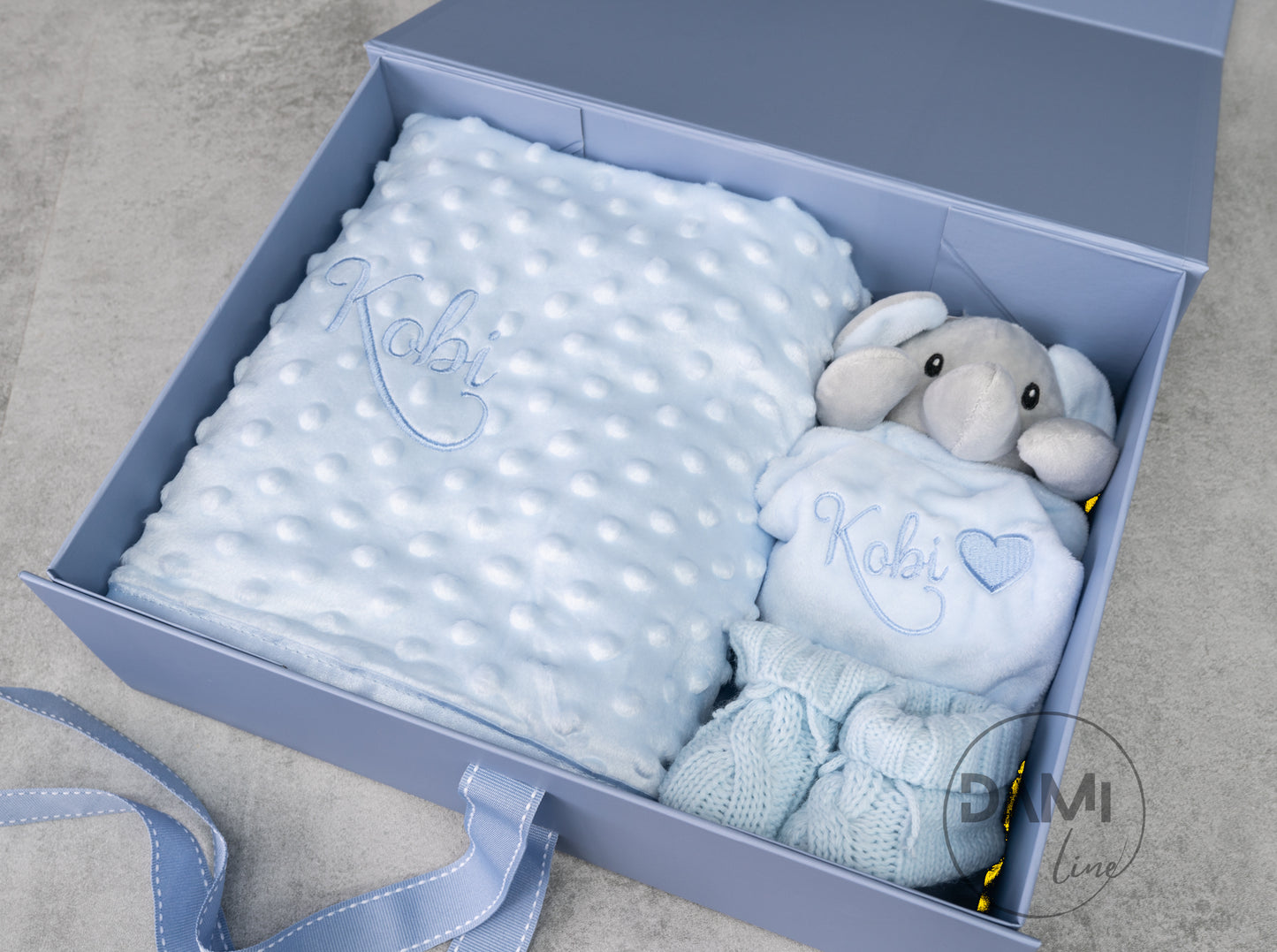 Personalised blue baby blanket, elephant comforter and blue knitted booties gift set for boy | Baby boy gift set in blue magnetic box