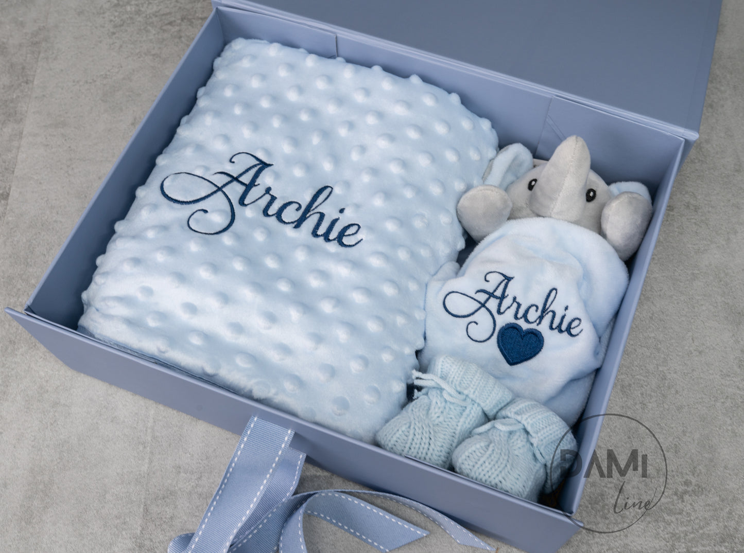 Personalised blue baby blanket, elephant comforter and blue knitted booties gift set for boy | Baby boy gift set in blue magnetic box