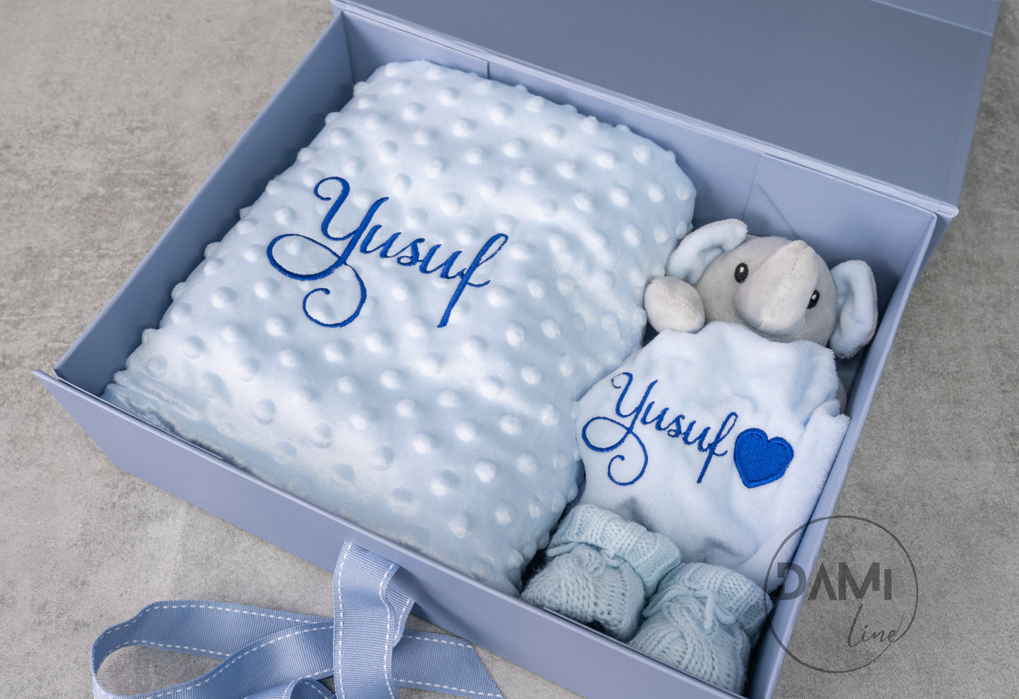 Personalised blue baby blanket, elephant comforter and blue knitted booties gift set for boy | Baby boy gift set in blue magnetic box