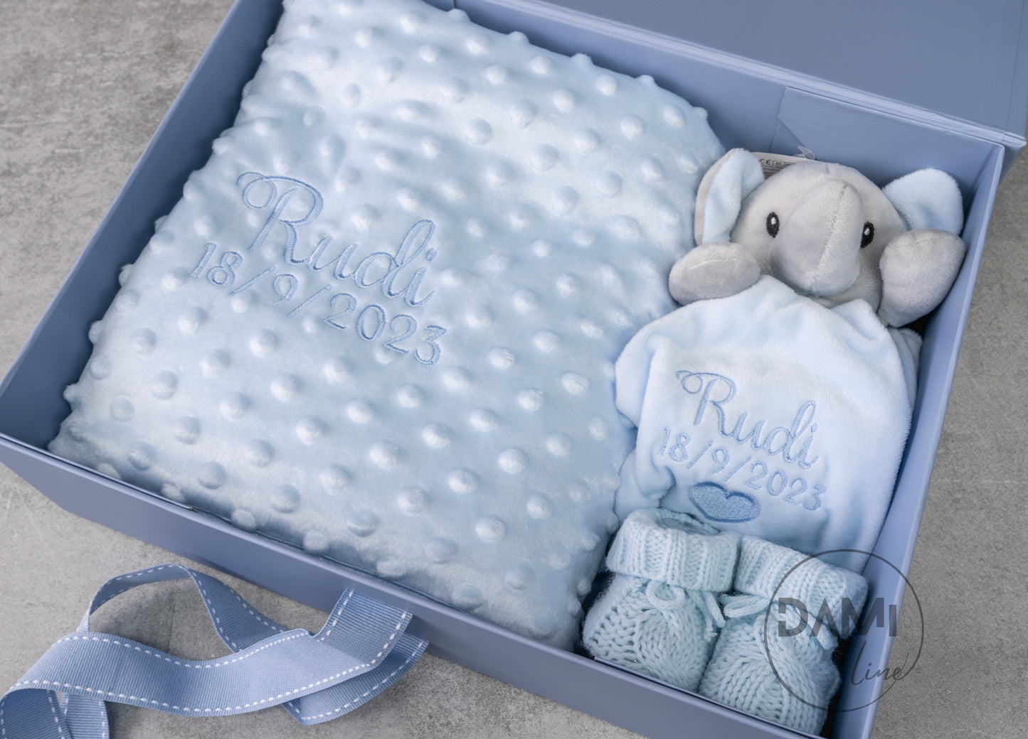 Personalised blue baby blanket, elephant comforter and blue knitted booties gift set for boy | Baby boy gift set in blue magnetic box