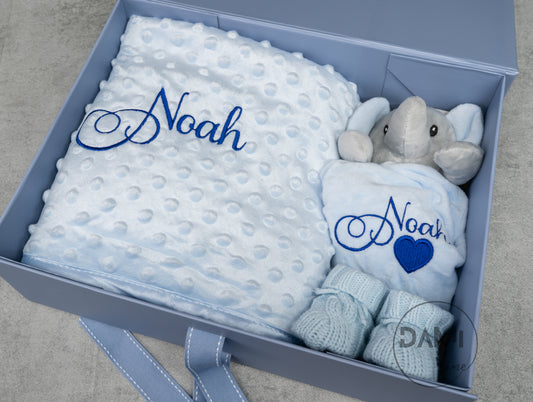 Personalised blue baby blanket, elephant comforter and blue knitted booties gift set for boy | Baby boy gift set in blue magnetic box