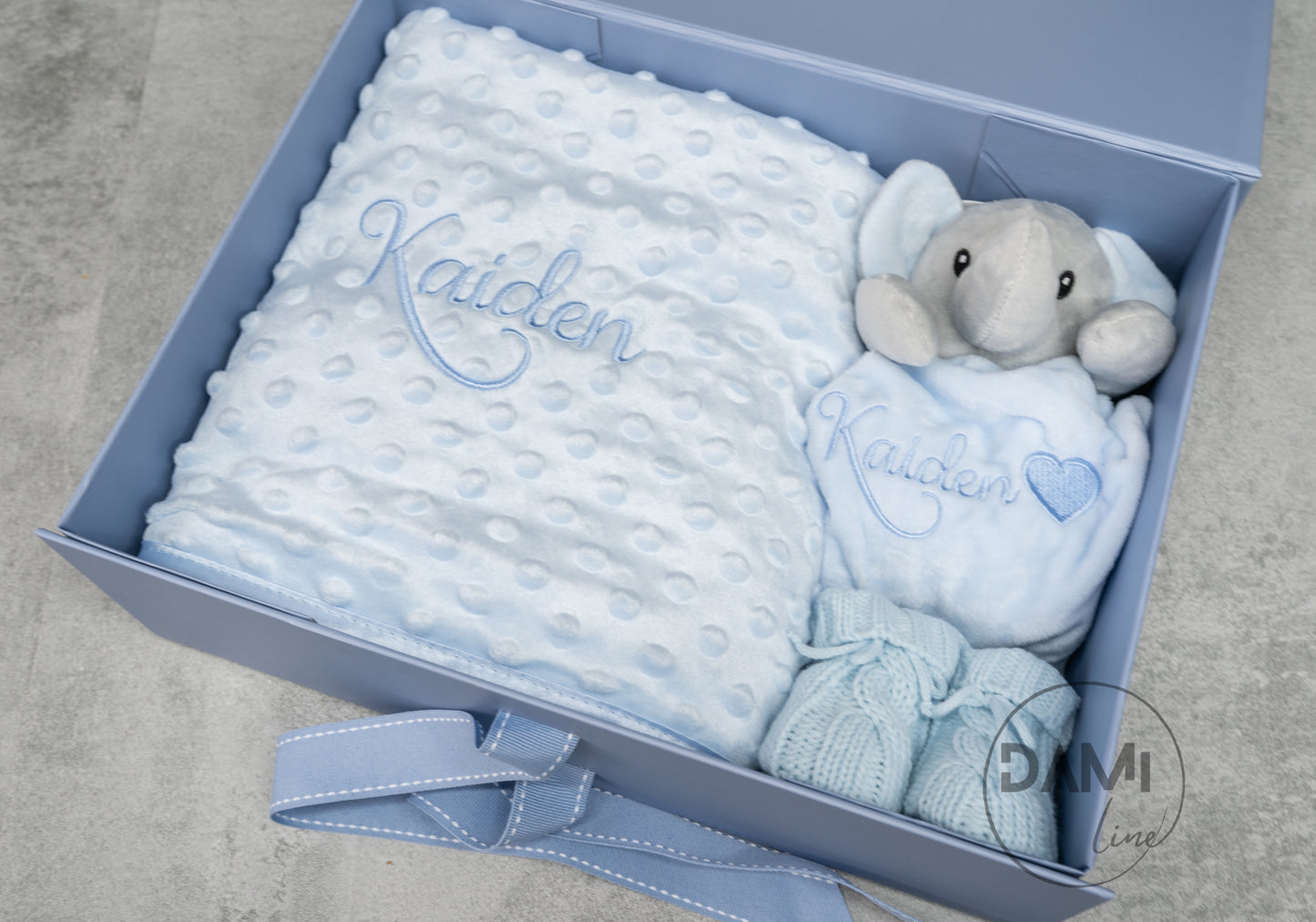 Personalised blue baby blanket, elephant comforter and blue knitted booties gift set for boy | Baby boy gift set in blue magnetic box