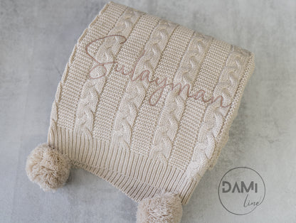 Personalised knitted baby blanket with 2 Pom-poms. Multiple colours available