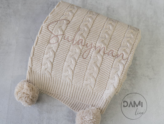 Personalised COFFEE knitted baby blanket with 2 Pom-poms