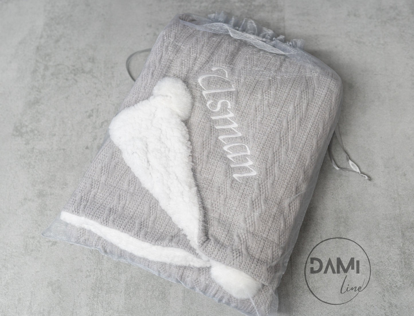 Personalised GREY knitted baby blanket with 2 Pom-poms