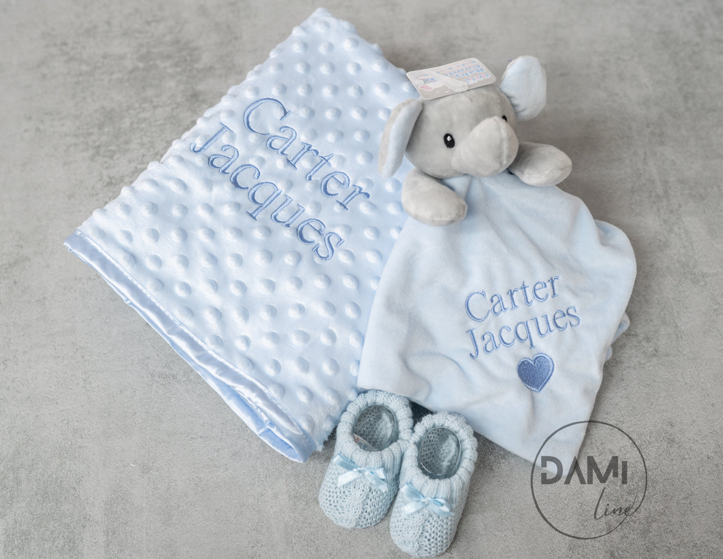 Personalised blue baby blanket, elephant comforter and knitted booties gift set for boy