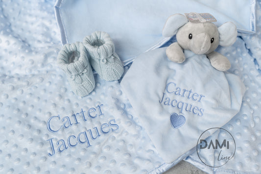 Personalised blue baby blanket, elephant comforter and knitted booties gift set for boy