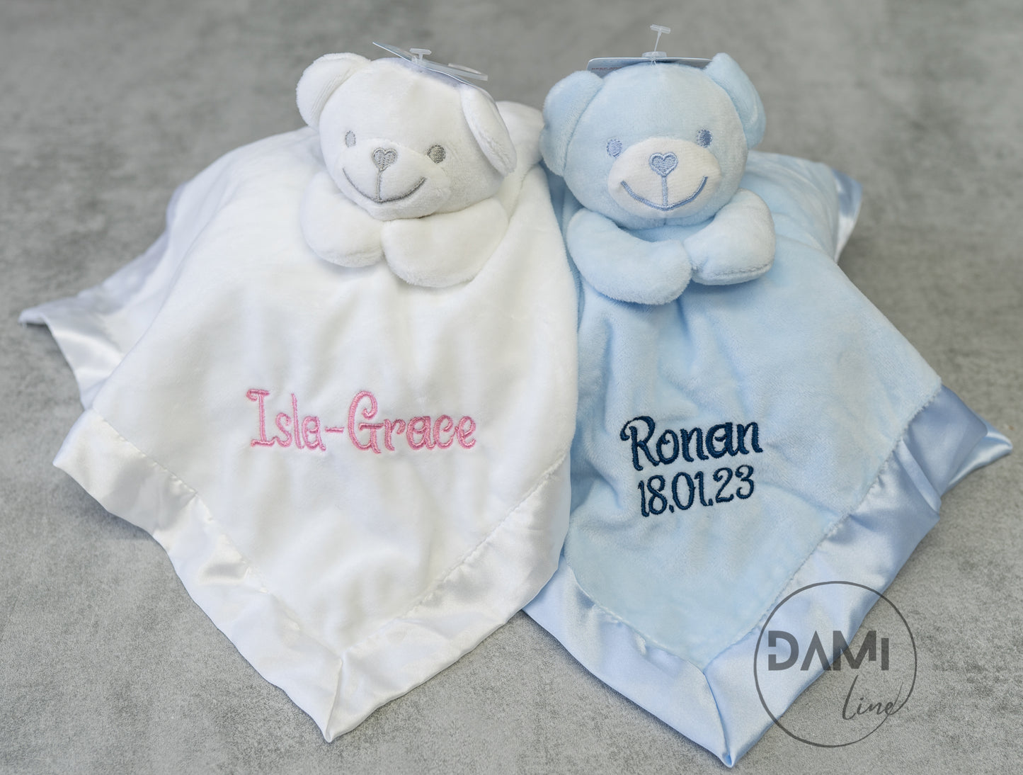 Personalised bear comforter with satin trim