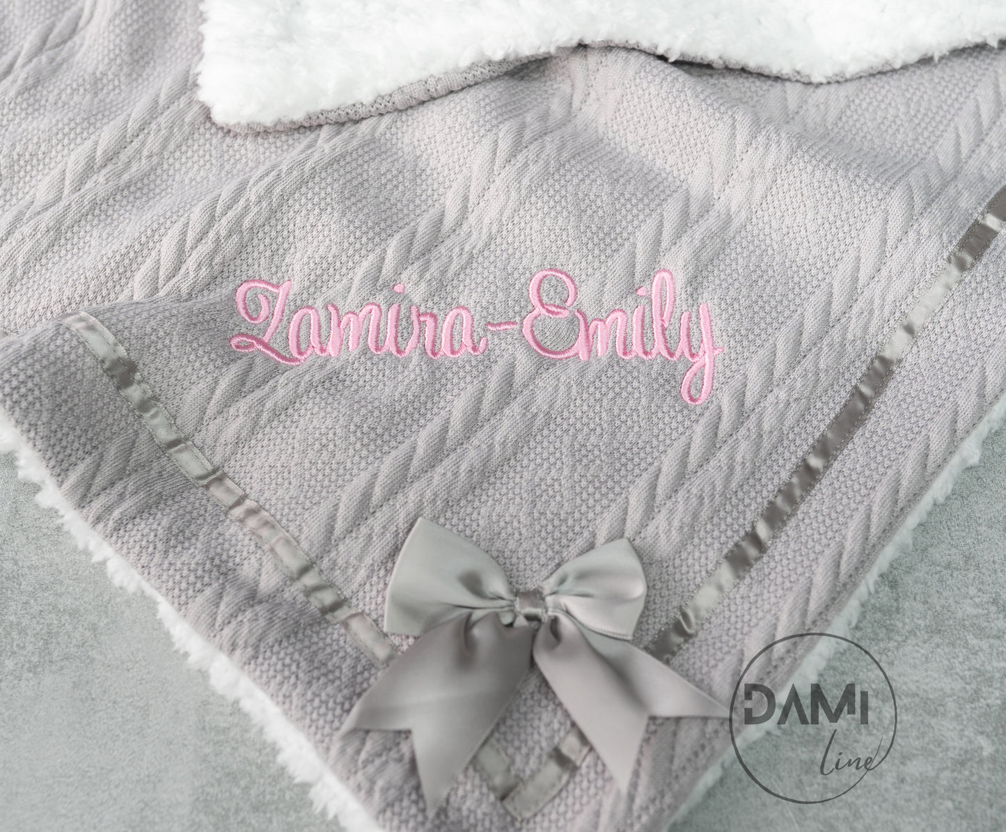 Personalised GREY knitted baby blanket with bow