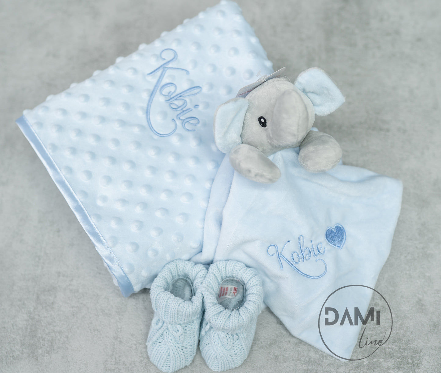 Personalised blue baby blanket, elephant comforter and knitted booties gift set for boy