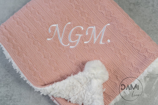 Personalised ROSE GOLD knitted baby blanket with 2 Pom-poms