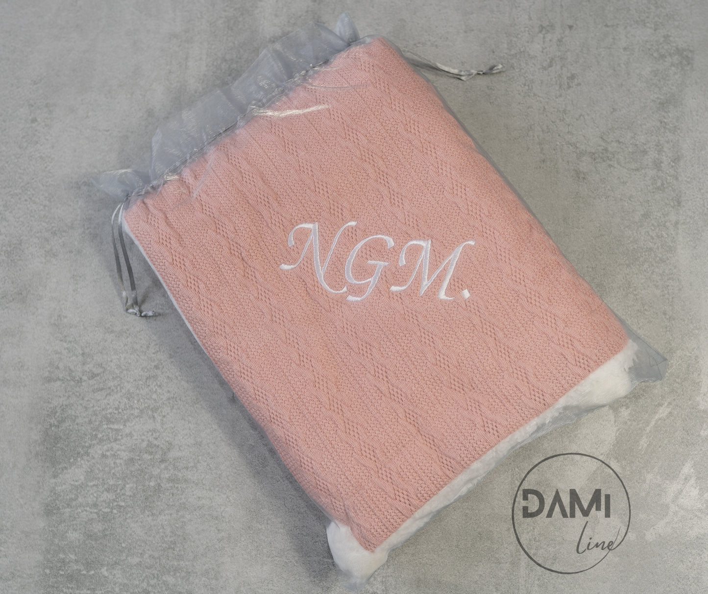 Personalised ROSE GOLD knitted baby blanket with 2 Pom-poms