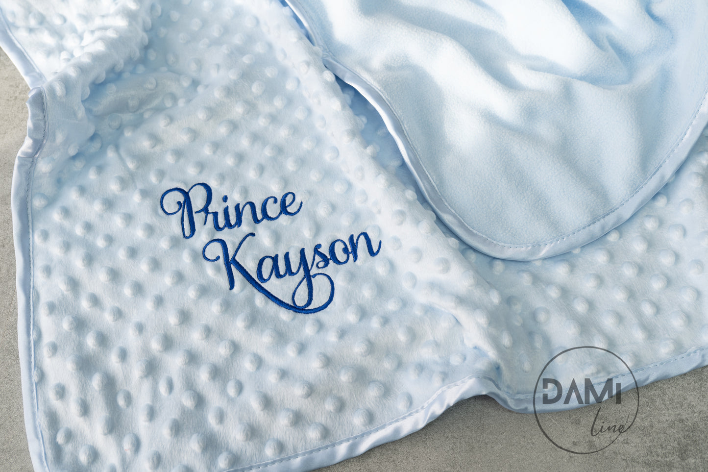 Personalised embroidered baby bubble blanket with fleece back and satin trim