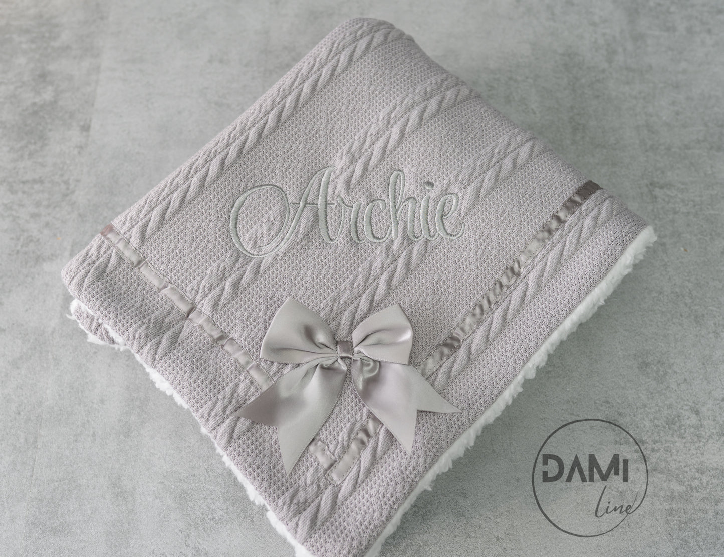 Personalised GREY knitted baby blanket with bow