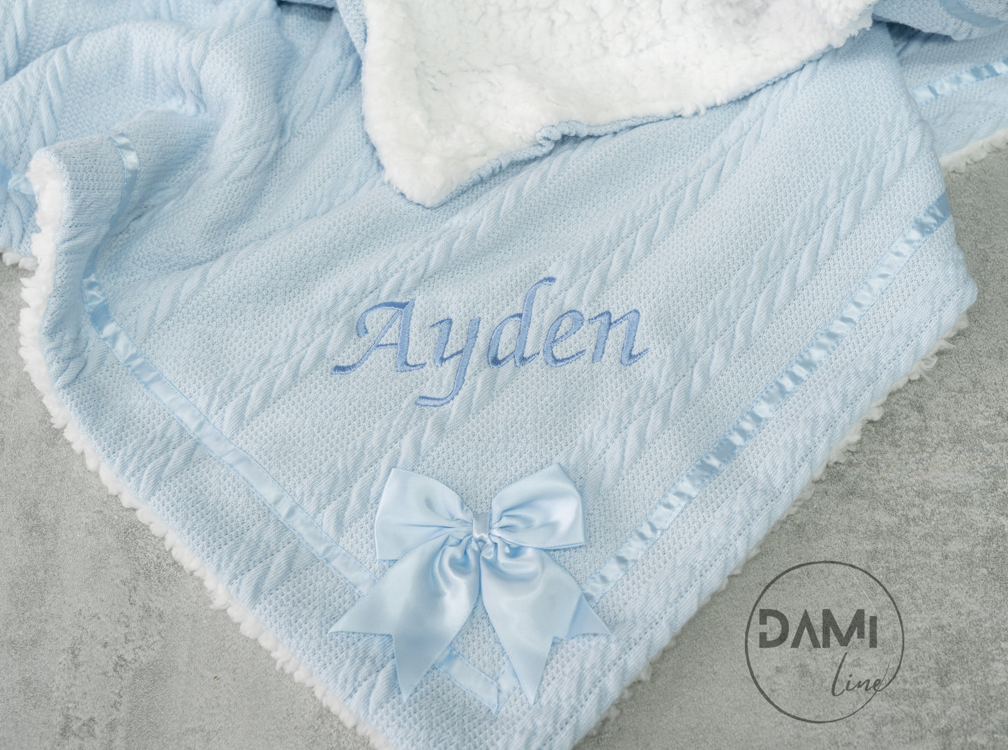 Personalised LIGHT BLUE baby knitted blanket with bow