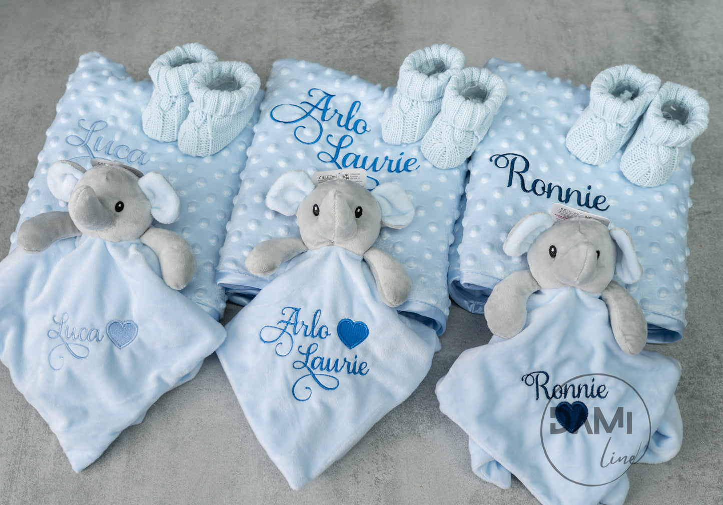 Personalised blue baby blanket, elephant comforter and knitted booties gift set for boy