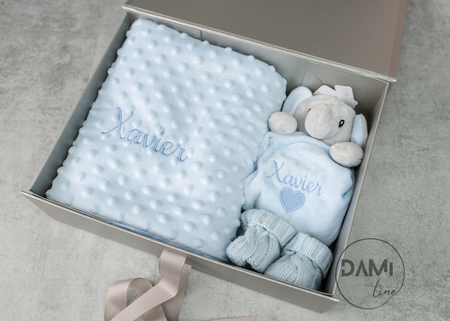 Personalised blue baby blanket, elephant comforter and knitted booties gift set for boy