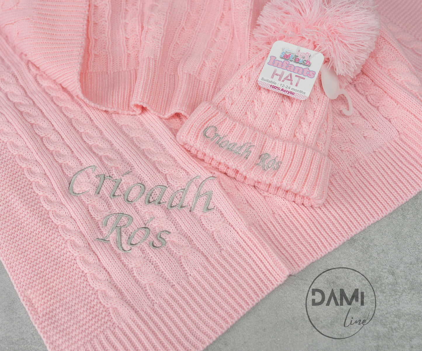 Personalised baby knitted blanket and knitted hat gift set - PINK or BLUE AVAILABLE