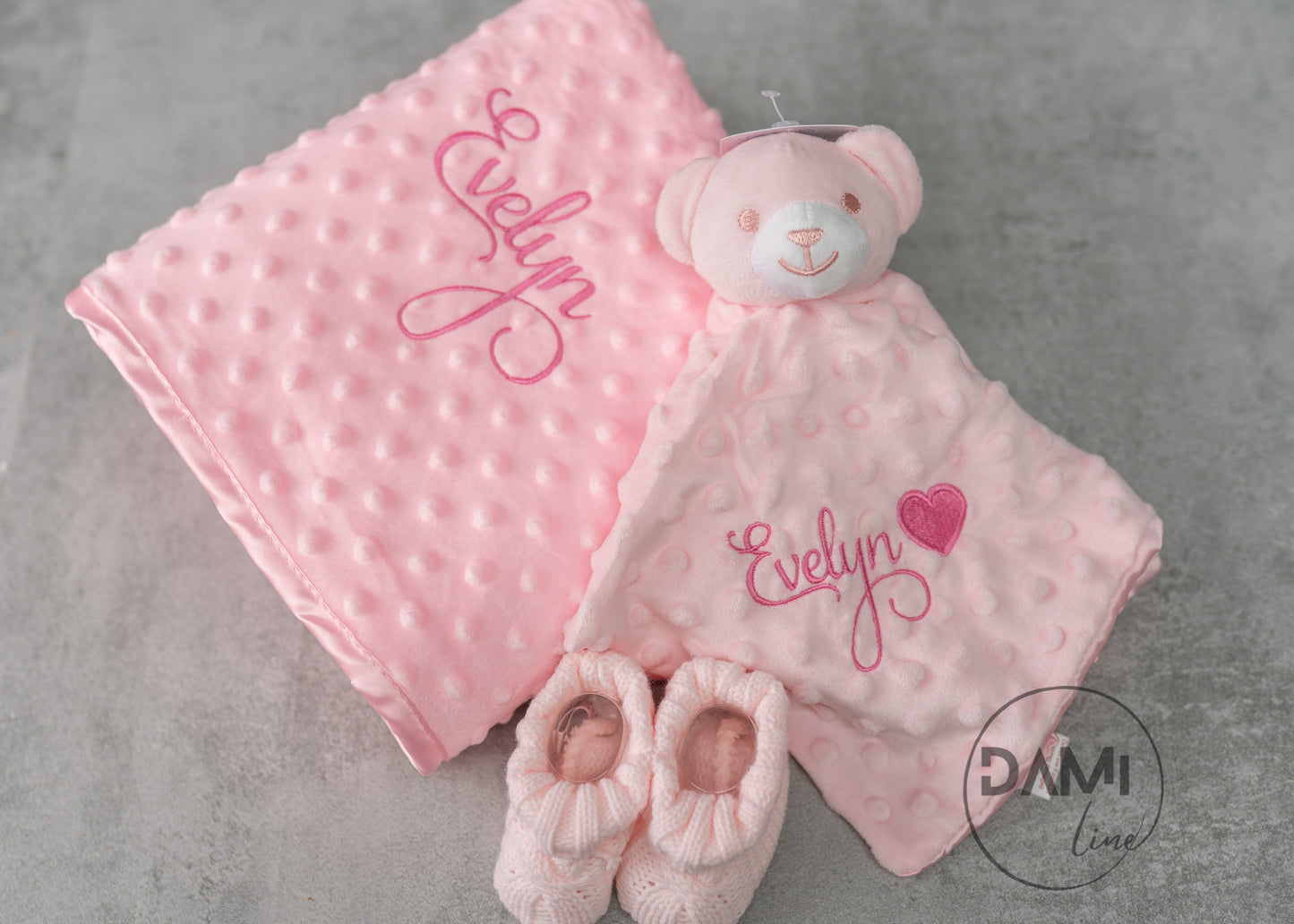 Personalised pink baby blanket, bear comforter and pink booties gift set for baby girl