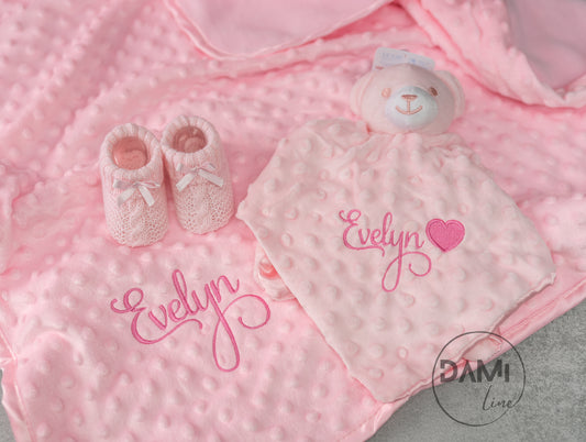 Personalised pink baby blanket, bear comforter and pink booties gift set for baby girl