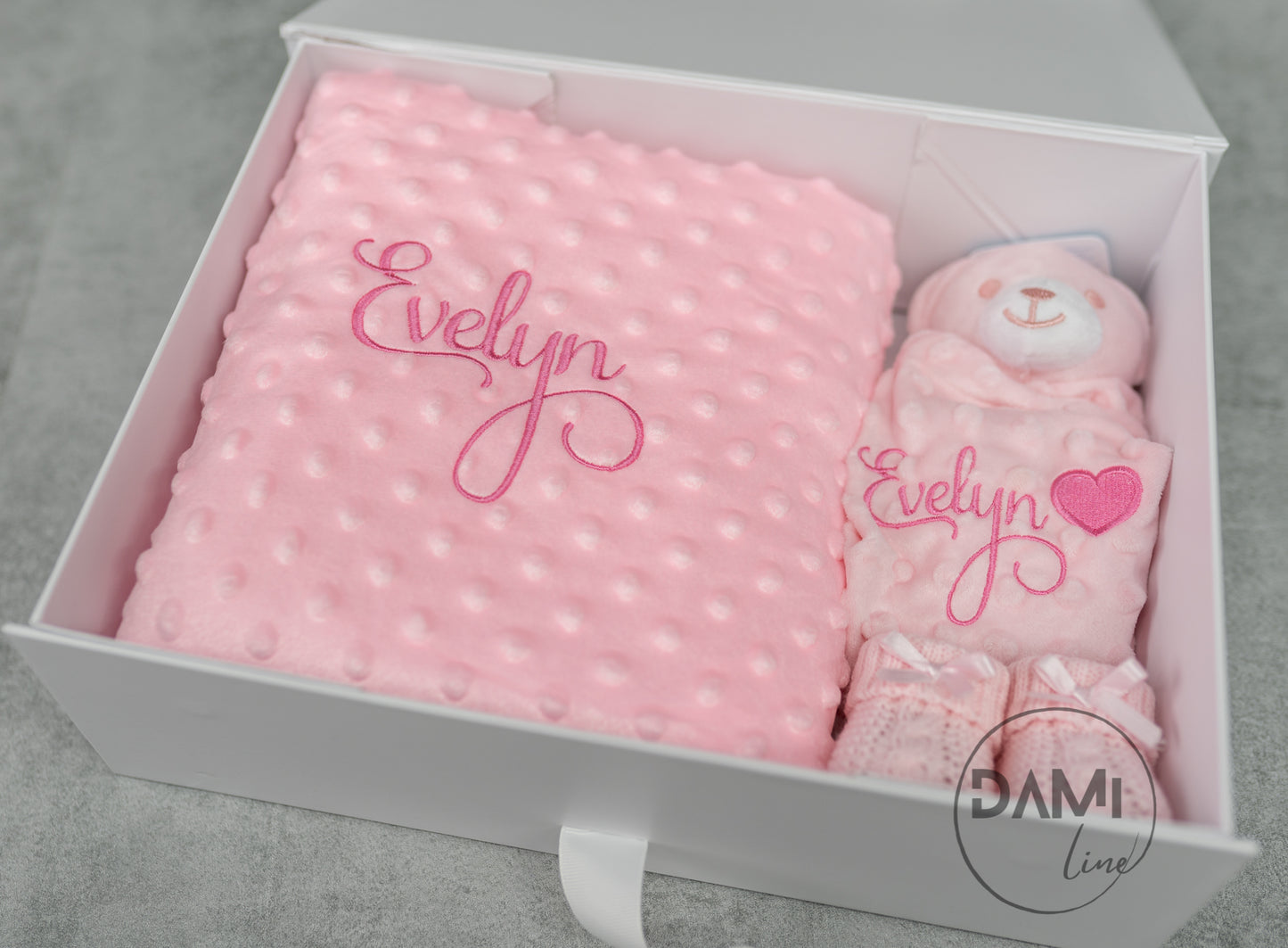 Personalised pink baby blanket, bear comforter and pink booties gift set for baby girl